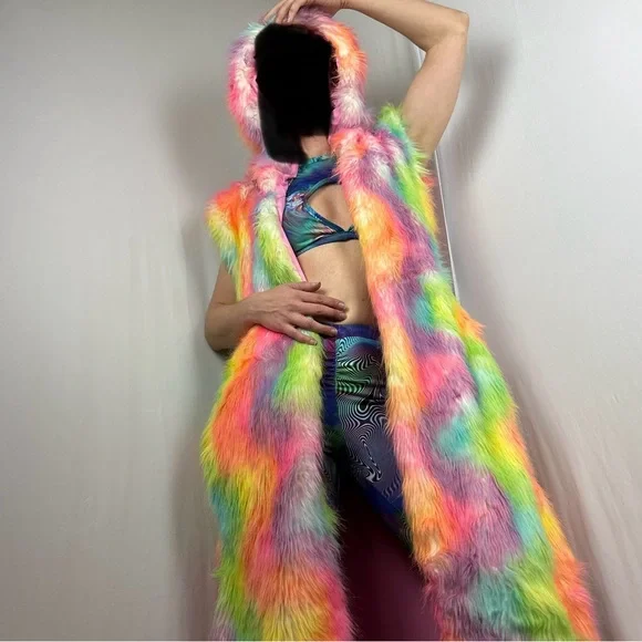 LONG Fur LED Glowing Light Up Coat Burning Man Rave Festival Rainbow Pastel EDC - Picture 10 of 16